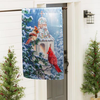Cardinal Lamp Post Lustre House Flag features a cardinal amid a snowy church dome scene on Tampa Home & Garden Store