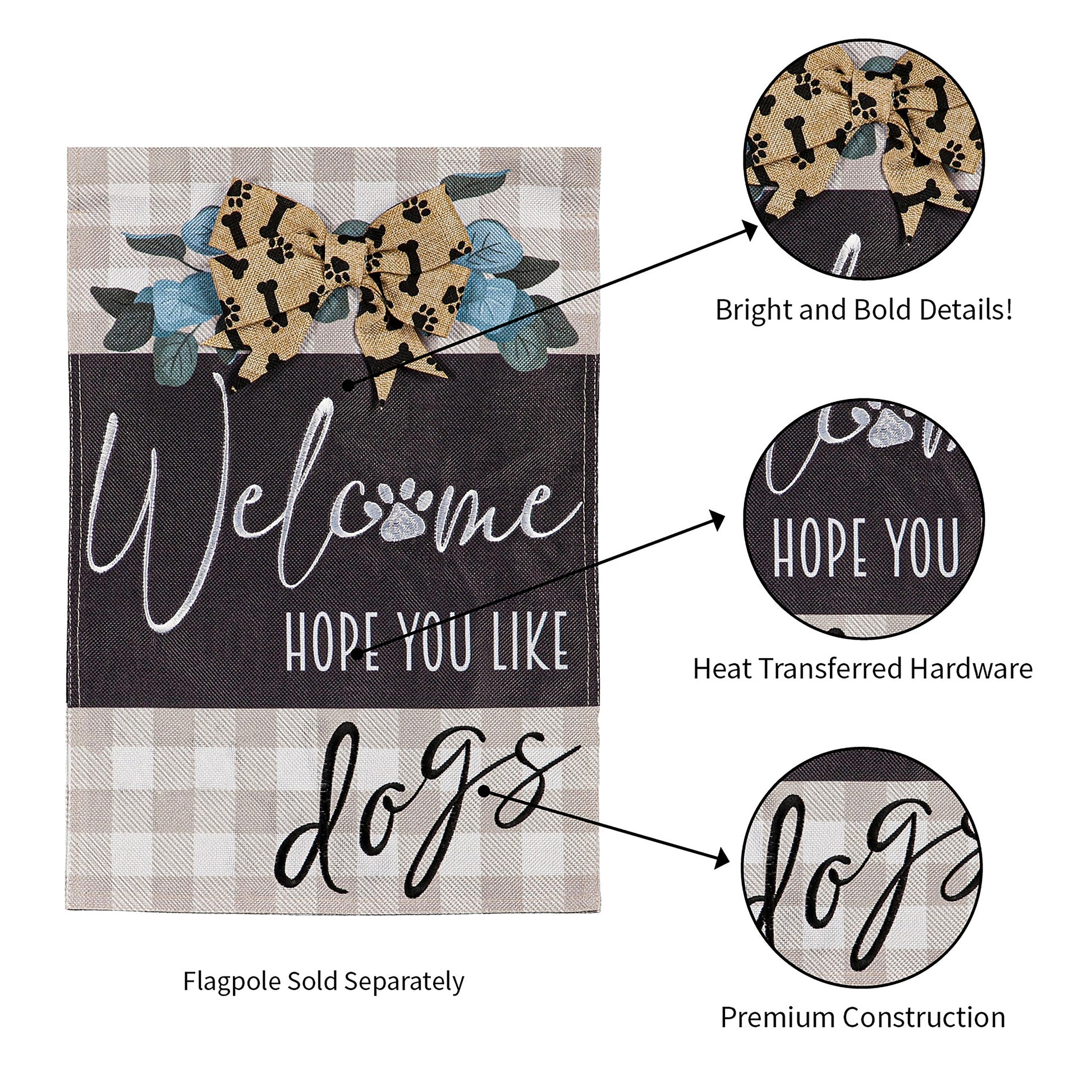 Dogs and Checks Garden Burlap Flag with beige bone-pattern bow on plaid burlap backdrop on Tampa Home & Garden Store