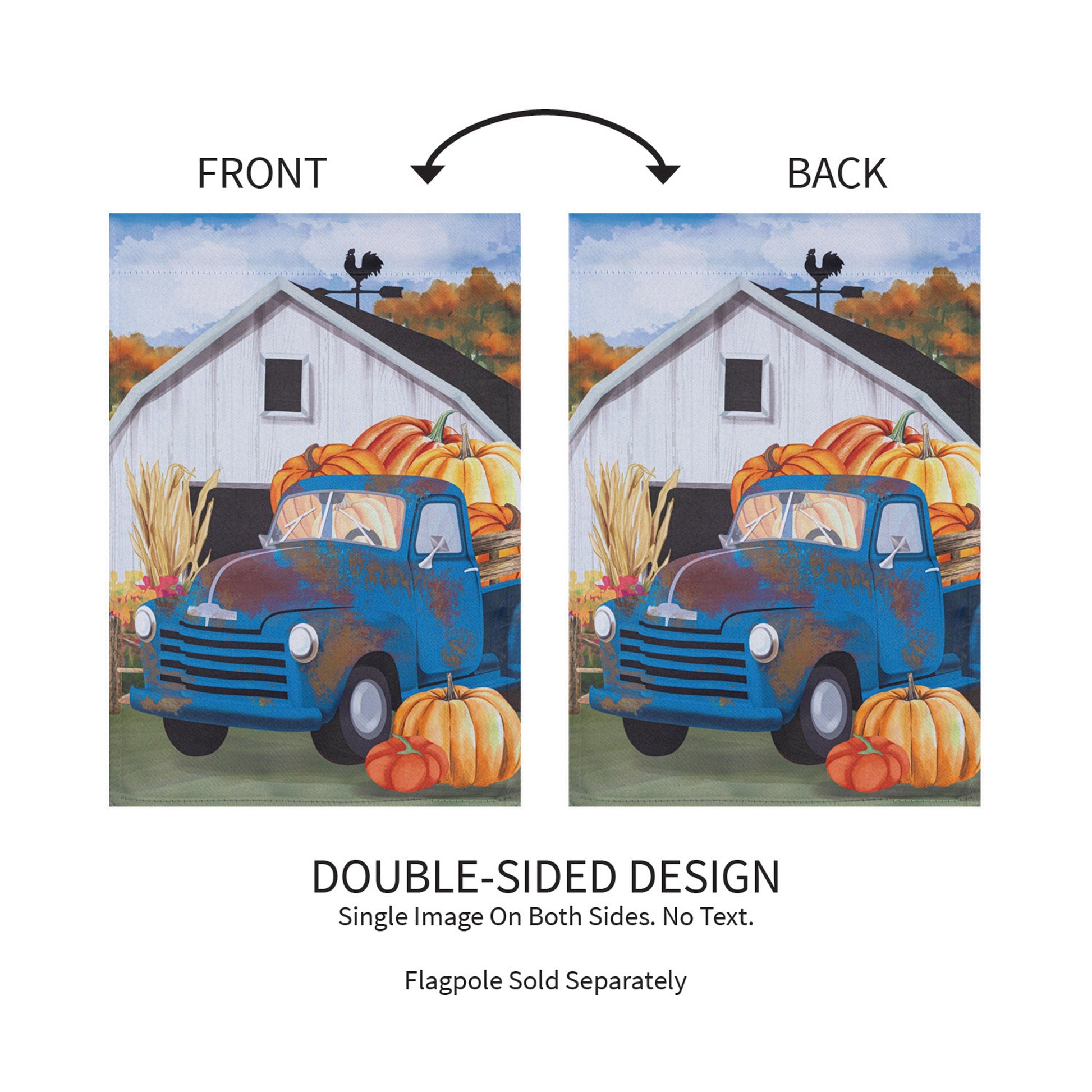 Barns & Harvest Suede Garden Flag featuring vintage truck with pumpkins, double-sided on Tampa Home & Garden Store