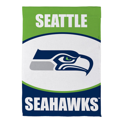 Seattle Seahawks suede garden flag with white SEATTLE lettering on header and blue logo on Tampa Home & Garden Store