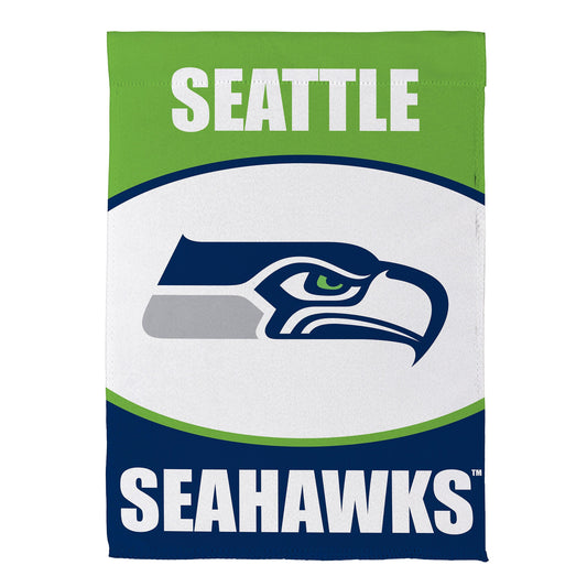 Seattle Seahawks suede garden flag with white SEATTLE lettering on header and blue logo on Tampa Home & Garden Store