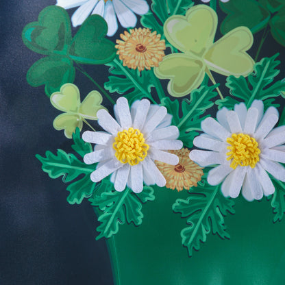 Happy St. Patrick's Day applique garden flag with white daisies and green leaves on Tampa Home & Garden Store