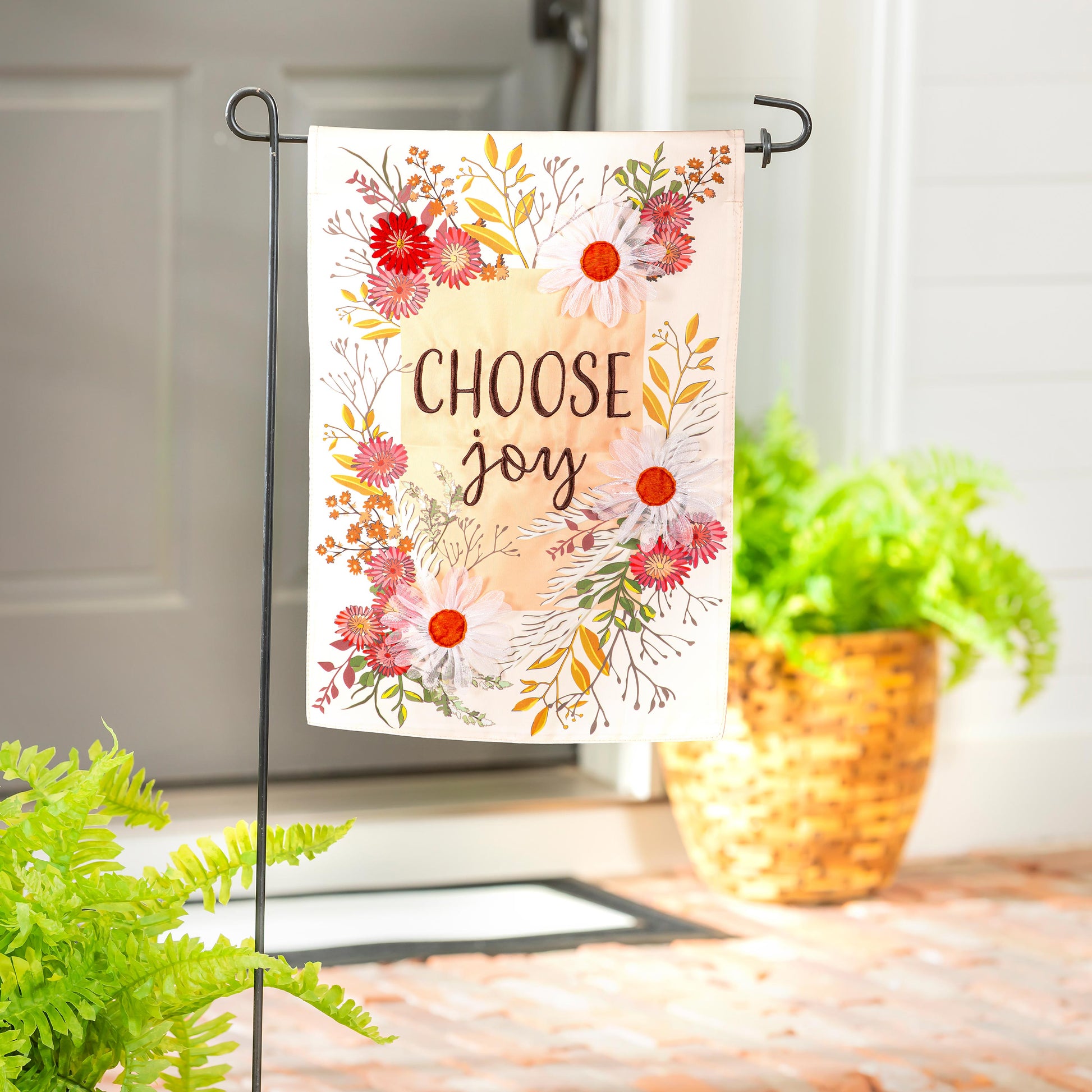 Choose Joy Applique Garden Flag pink floral design by Evergreen Enterprises on Tampa Home & Garden Store