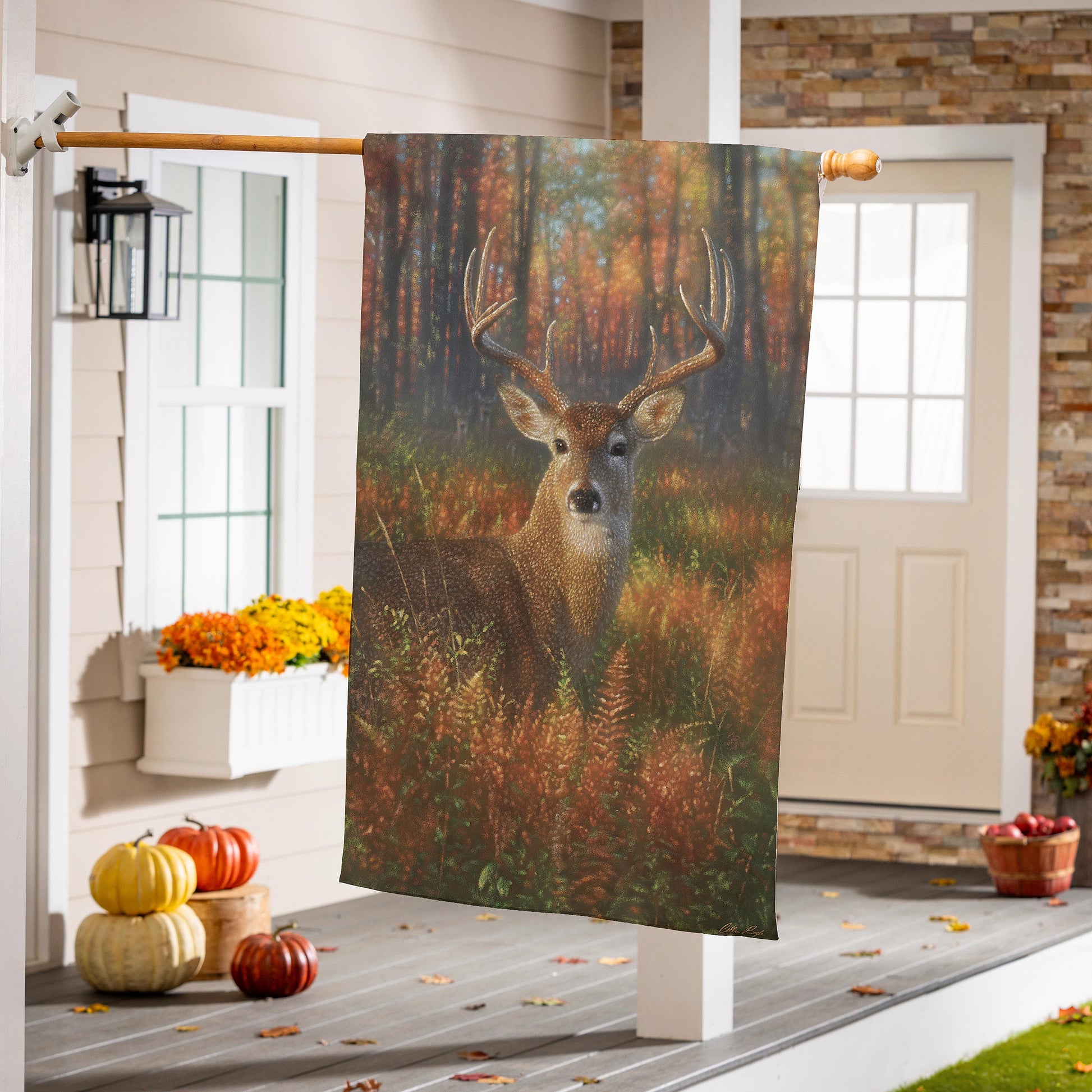 Gazing Autumn Buck suede house flag deer in autumn forest by Evergreen Enterprises on Tampa Home & Garden Store
