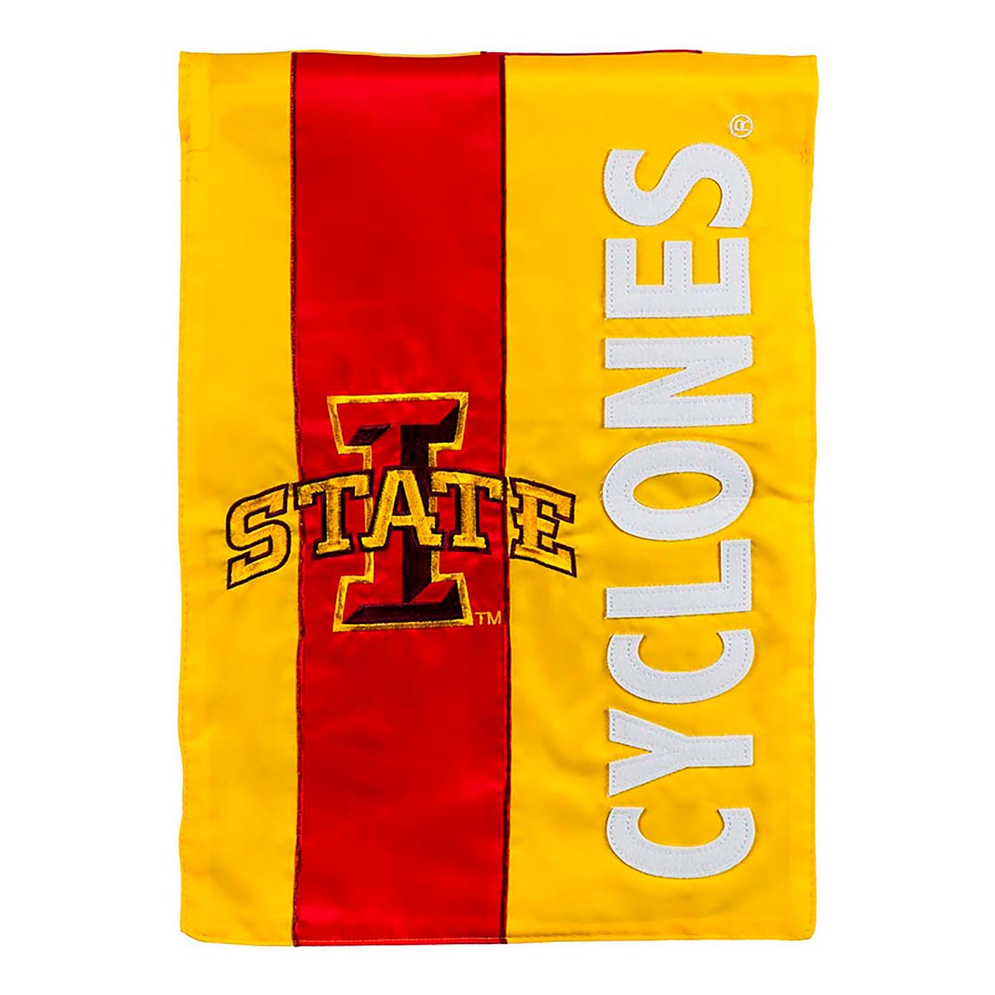 Double-Sided Embellished NCAA Iowa State applique flag in maize and red with white lettering on Tampa Home & Garden Store
