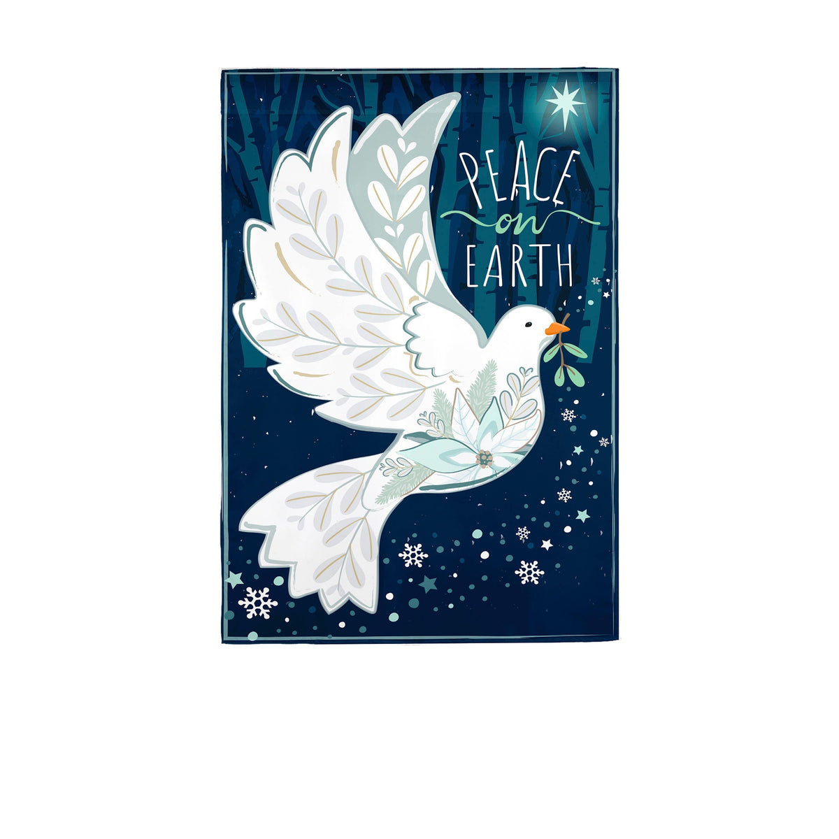 Peace on Earth dove burlap house flag, blue night sky with snowflakes, Evergreen Enterprises on Tampa Home & Garden Store