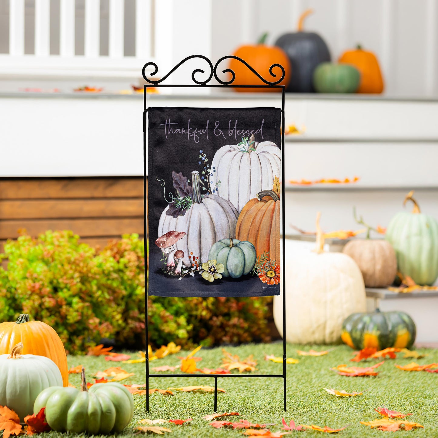 Beauty Of Fall Suede Garden Flag pumpkin print on black metal stand Evergreen Enterprises on Tampa Home & Garden Store