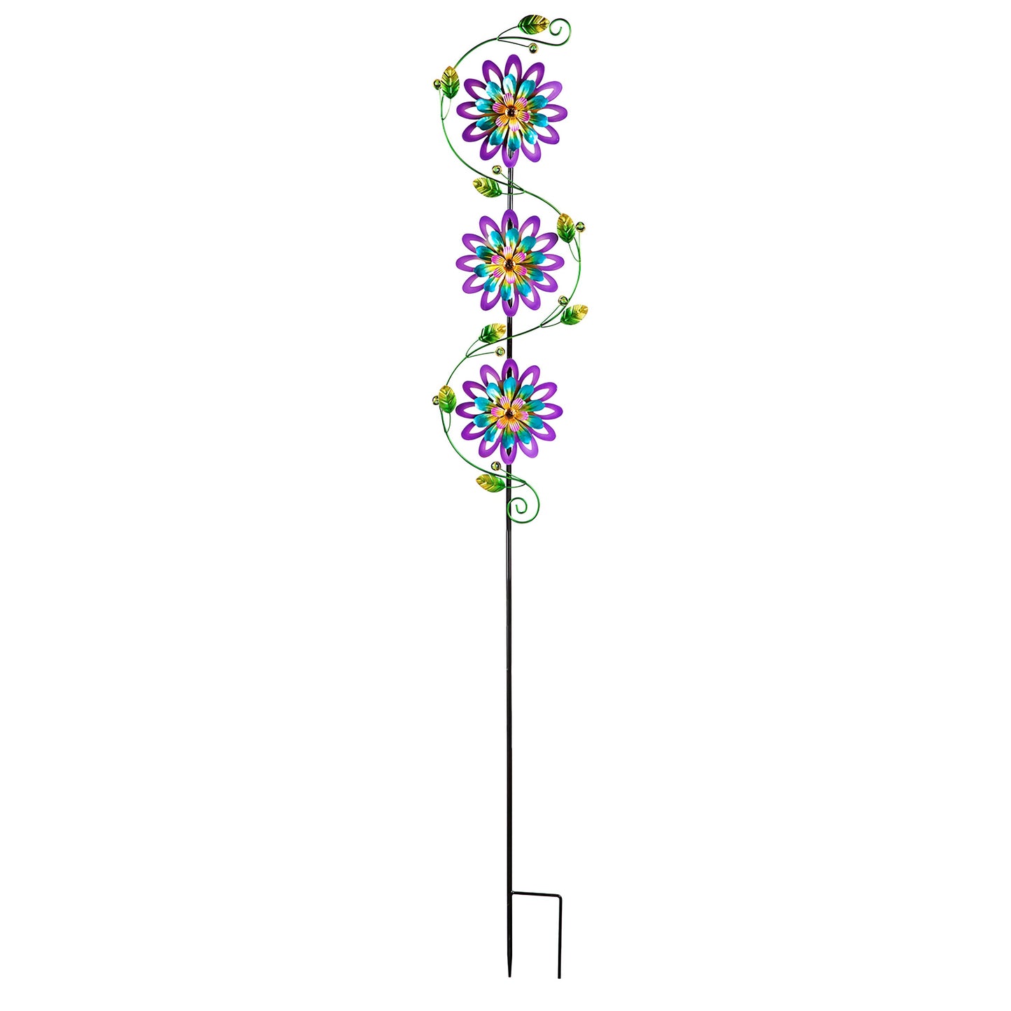 71-inch garden stake with violet trio spinning flowers wind spinners on a green vine on Tampa Home & Garden Store