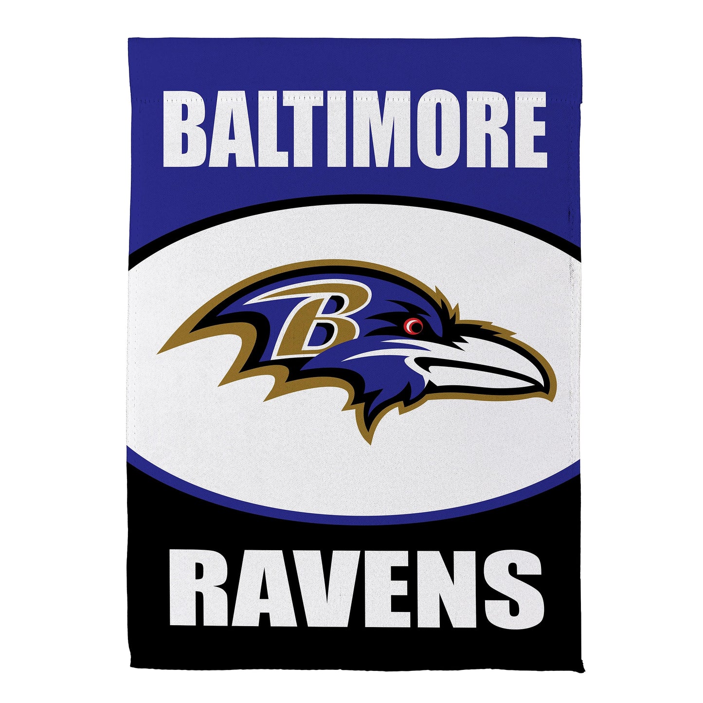 Baltimore Ravens suede garden flag with white BALTIMORE text and raven logo on blue field on Tampa Home & Garden Store