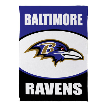 Baltimore Ravens suede garden flag with white BALTIMORE text and raven logo on blue field on Tampa Home & Garden Store