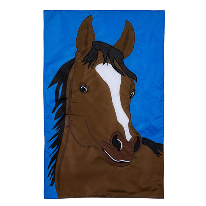 Single Horse Basic Applique House Flag with brown horse head on blue background on Tampa Home & Garden Store