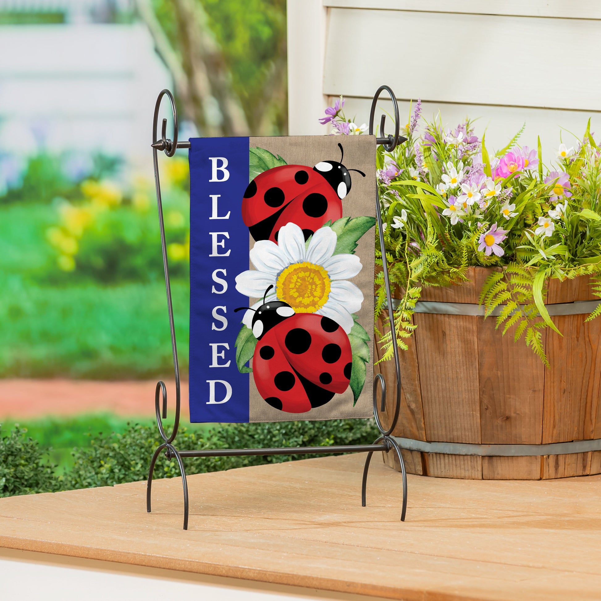 Welcoming Ladybugs Burlap Garden Flag tan burlap with blue panel, red ladybugs by Evergreen on Tampa Home & Garden Store