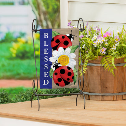Welcoming Ladybugs Burlap Garden Flag tan burlap with blue panel, red ladybugs by Evergreen on Tampa Home & Garden Store