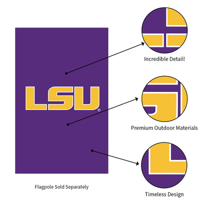 LSU applique house flag, purple field with gold LSU letters outlined in white; Evergreen on Tampa Home & Garden Store
