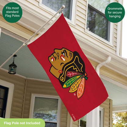 Chicago Blackhawks 3x5 single-sided estate flag with 2 grommets featuring red hawk graphic on Tampa Home & Garden Store