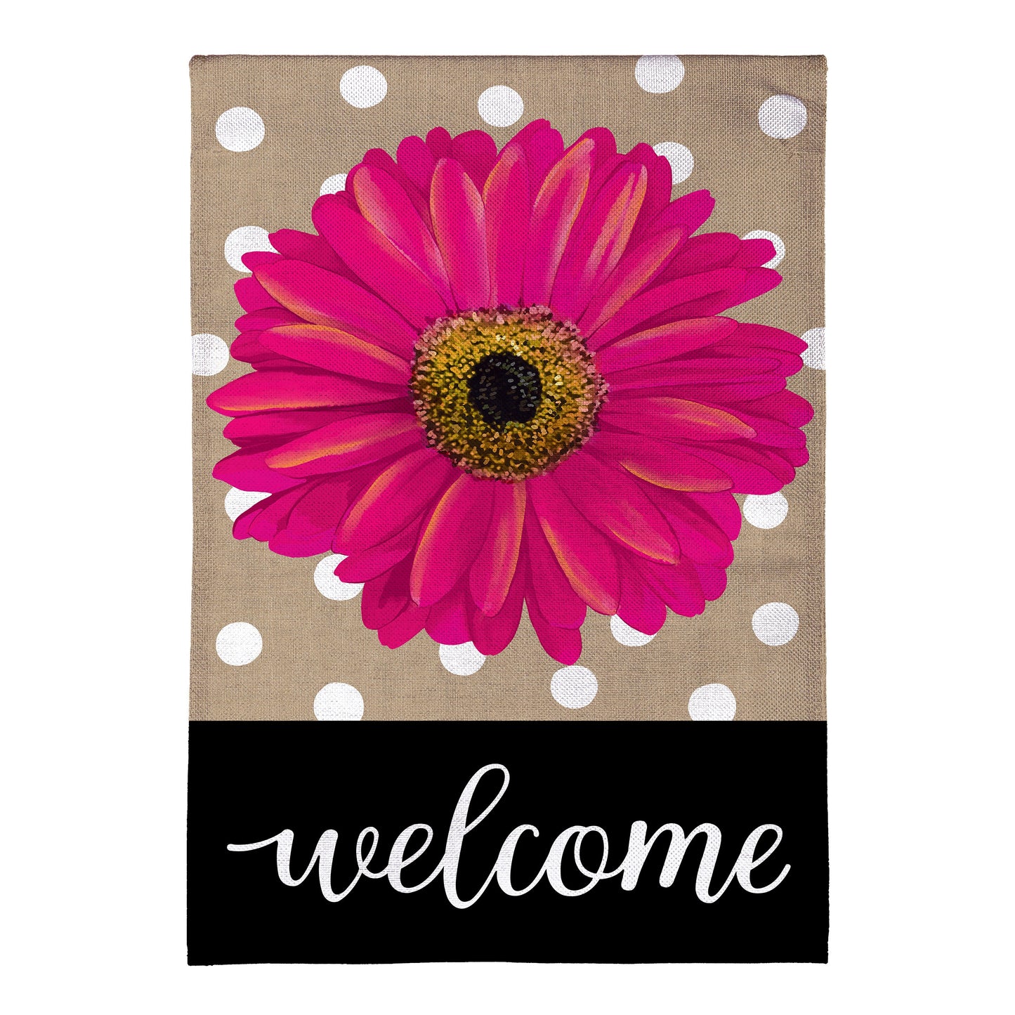 Pink Gerbera Dots Burlap Garden Flag with white polka dots on Tampa Home & Garden Store