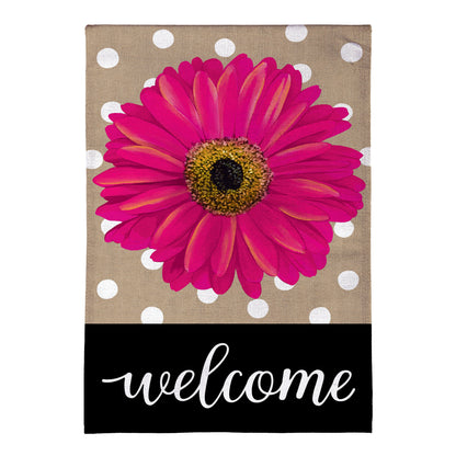 Pink Gerbera Dots Burlap Garden Flag with white polka dots on Tampa Home & Garden Store
