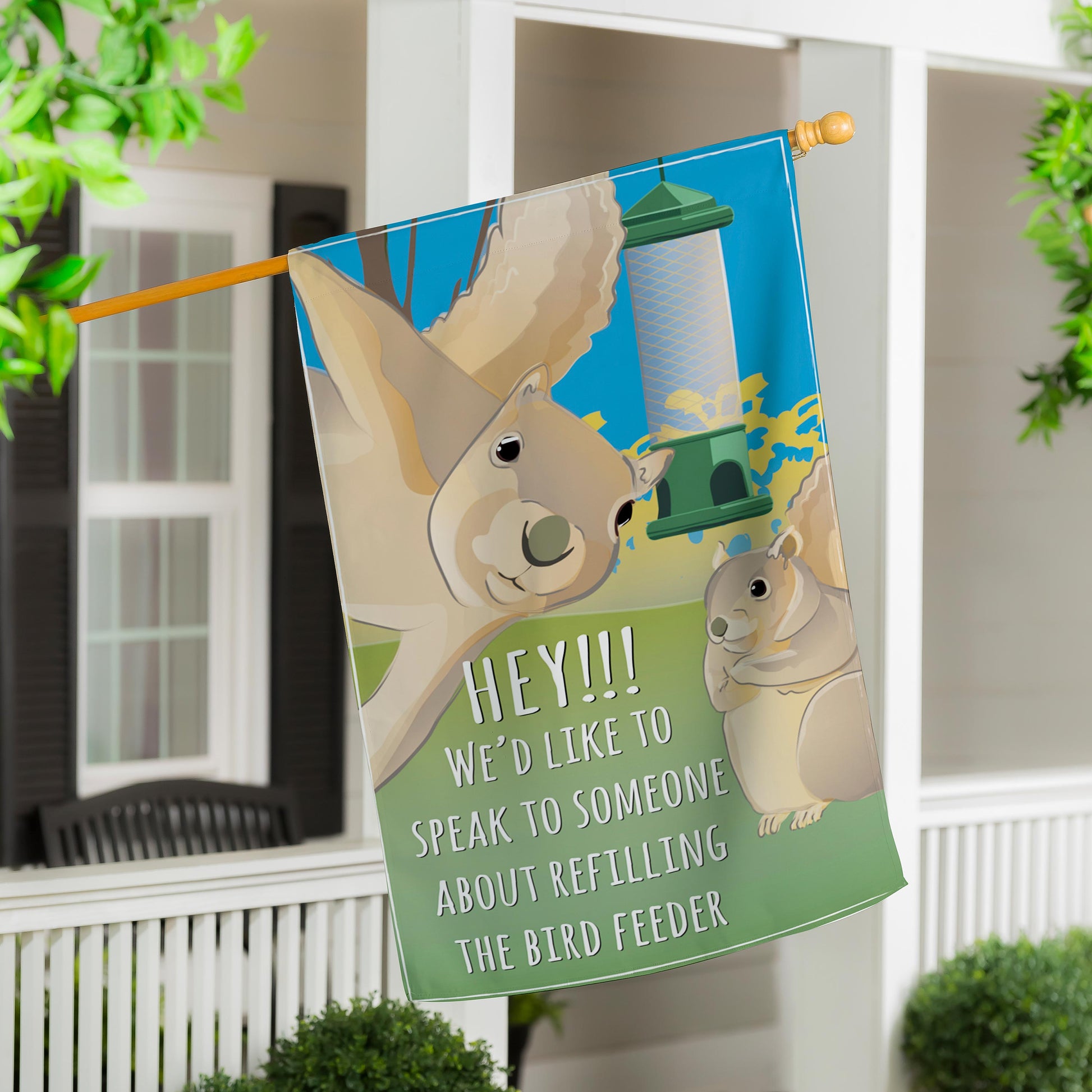Squirrel Feeder Applique House Flag with colorful outdoor scene by Evergreen Enterprises - Flags & Windsocks on Tampa Home & Garden Store