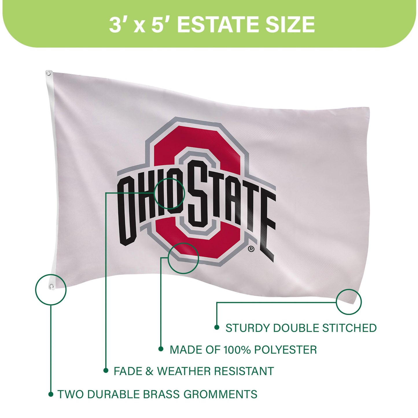 Ohio State University estate flag 3' x 5' 1-sided flag with two brass grommets Evergreen Enterprises on Tampa Home & Garden Store