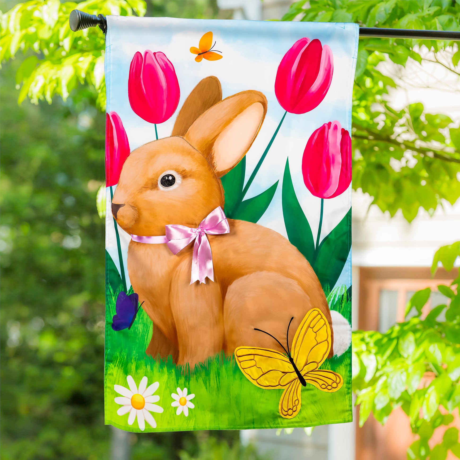 Tulips and Bunny Friend Applique House Flag with pink tulips and brown bunny on Tampa Home & Garden Store