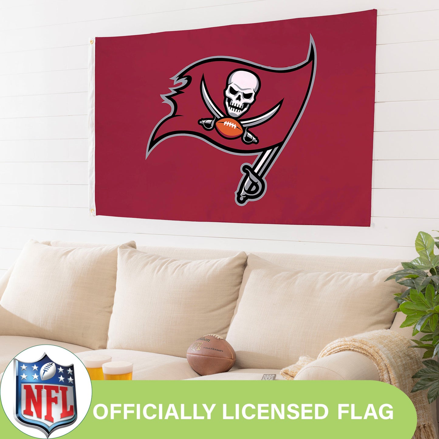 Buccaneers flag 3x5, single-sided sublimated flag with 2 grommets on maroon background on Tampa Home & Garden Store