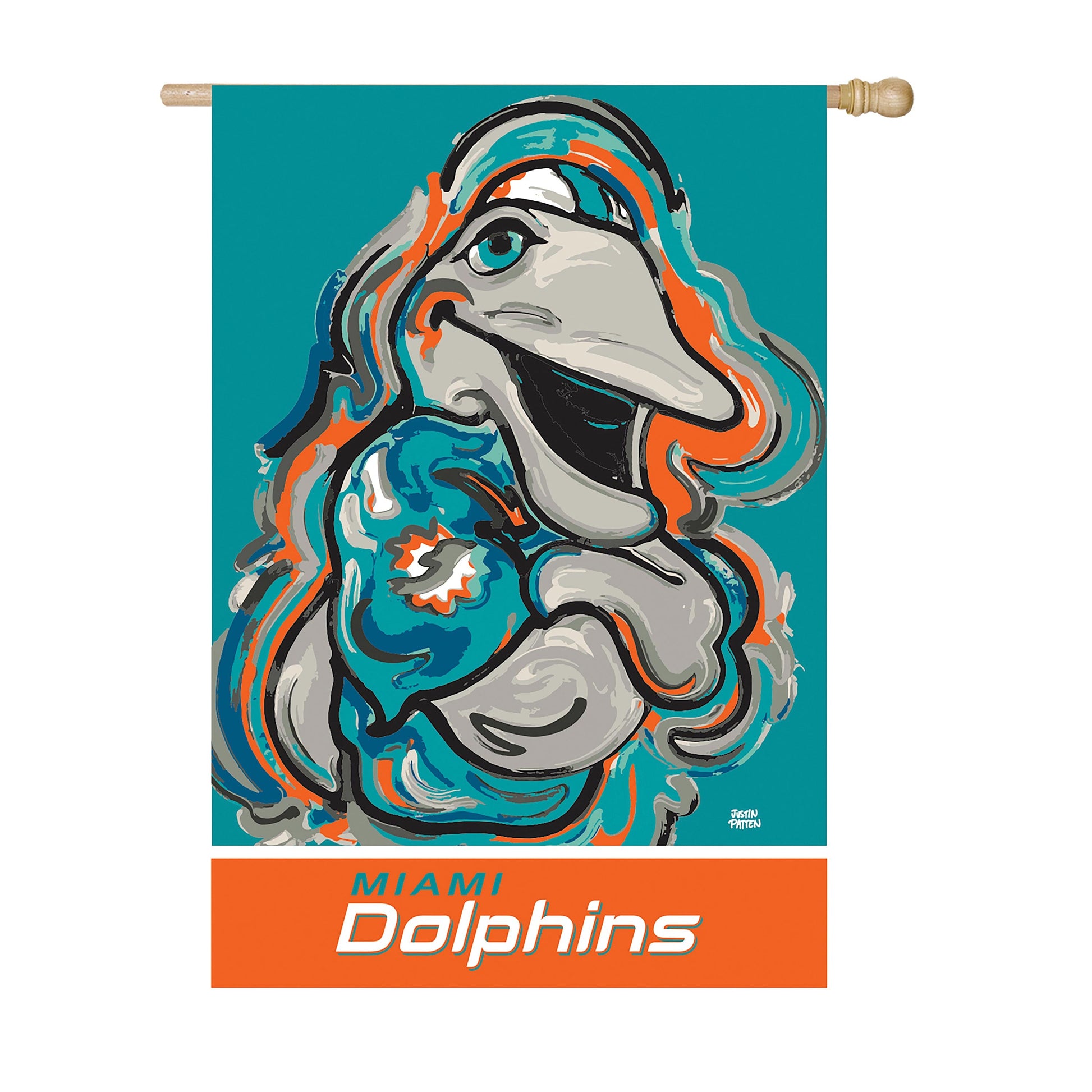 Miami Dolphins suede flag by Justin Patten with teal backdrop and orange accents on Tampa Home & Garden Store