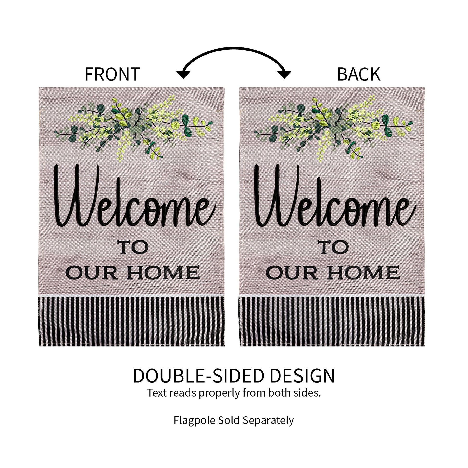 Wood Grain Welcome Garden Burlap Flag with double-sided design front and back greenery on burlap on Tampa Home & Garden Store