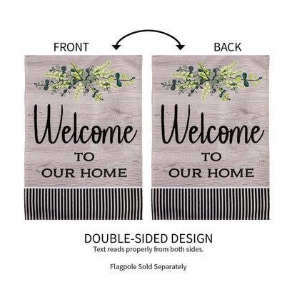 Wood Grain Welcome Garden Burlap Flag with double-sided design front and back greenery on burlap on Tampa Home & Garden Store