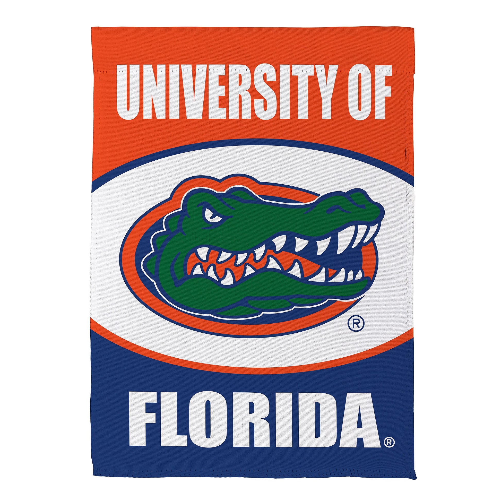 University of Florida suede flag for house with orange top and blue field featuring Gators logo on Tampa Home & Garden Store