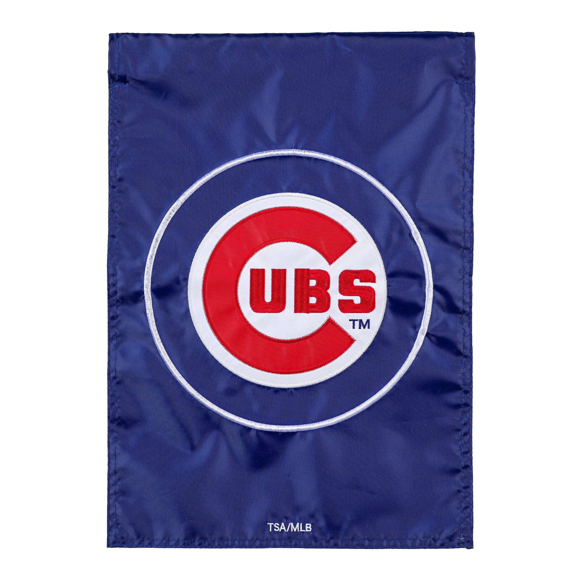 Chicago Cubs Appliqué Garden Flag blue background with red Cubs logo on Tampa Home & Garden Store