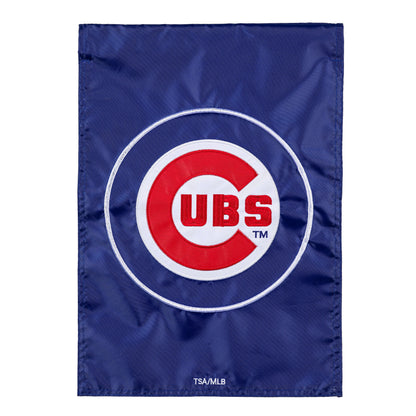 Chicago Cubs Appliqué Garden Flag blue background with red Cubs logo on Tampa Home & Garden Store