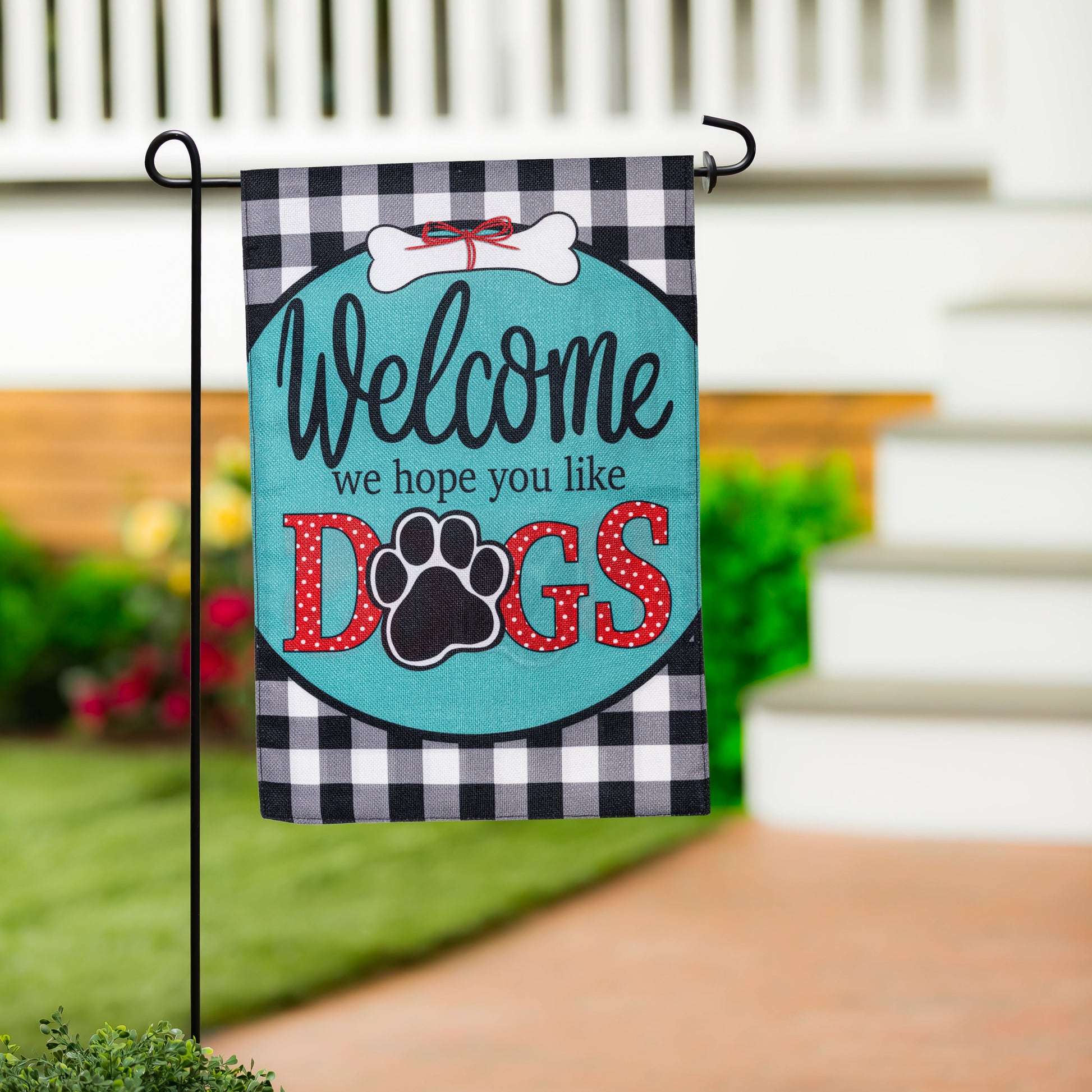 Hope You Like Dogs garden burlap flag with teal, paw print and red DOGS, gingham edge on Tampa Home & Garden Store