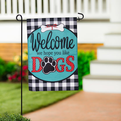 Hope You Like Dogs garden burlap flag with teal, paw print and red DOGS, gingham edge on Tampa Home & Garden Store