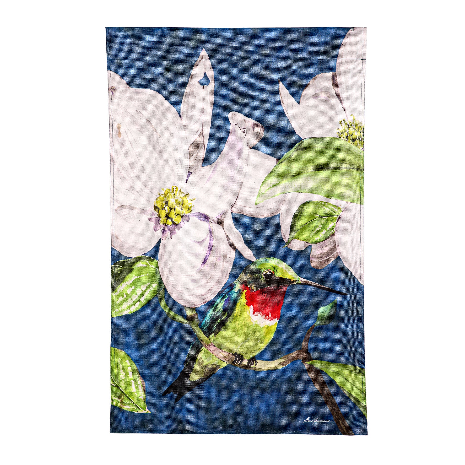 Hummingbird Dogwood Burlap House Flag blue floral scene Evergreen Enterprises on Tampa Home & Garden Store
