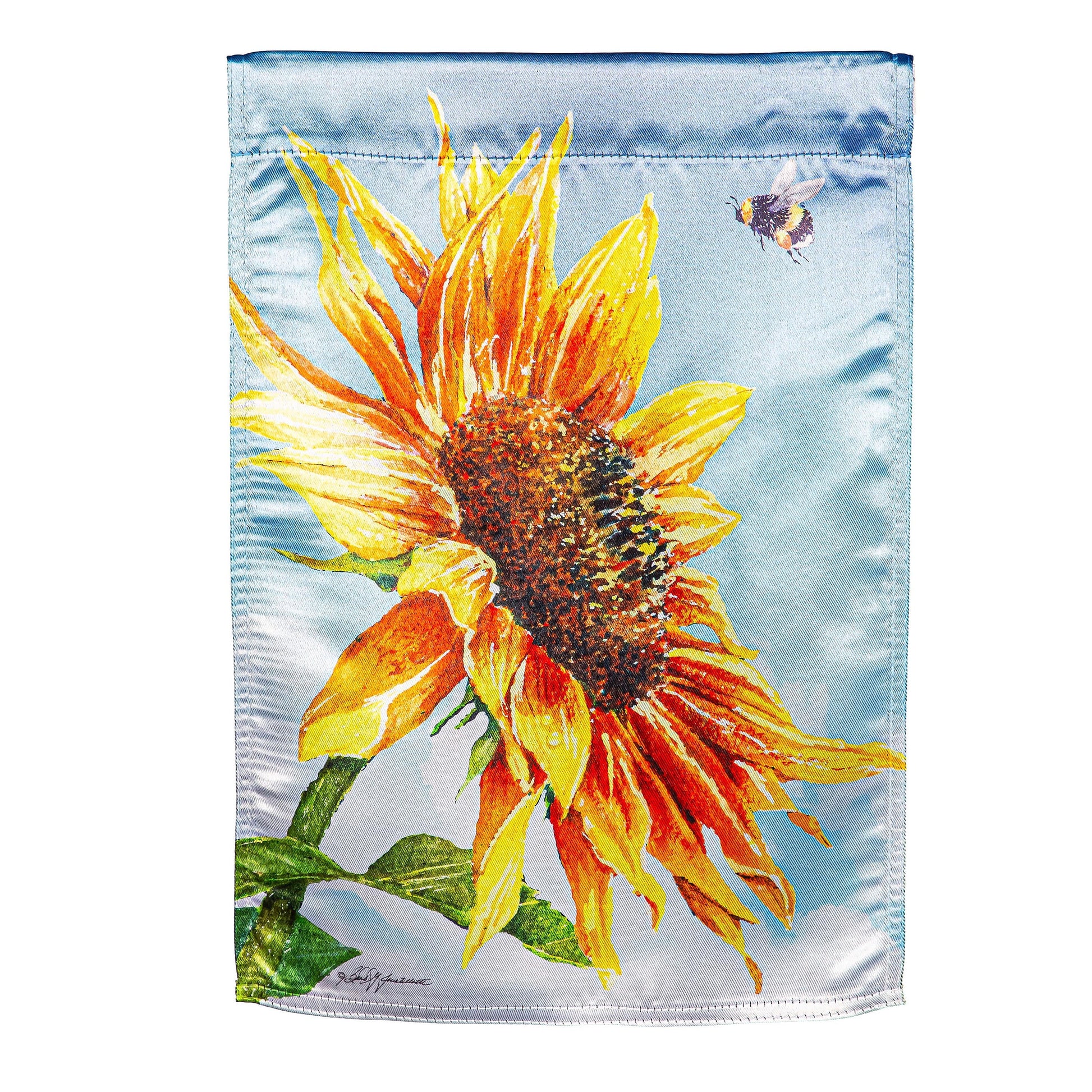 New Morning Sunflower Lustre Garden Flag sunlit sunflower against blue sky lustre fabric on Tampa Home & Garden Store