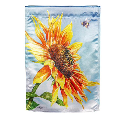 New Morning Sunflower Lustre Garden Flag sunlit sunflower against blue sky lustre fabric on Tampa Home & Garden Store