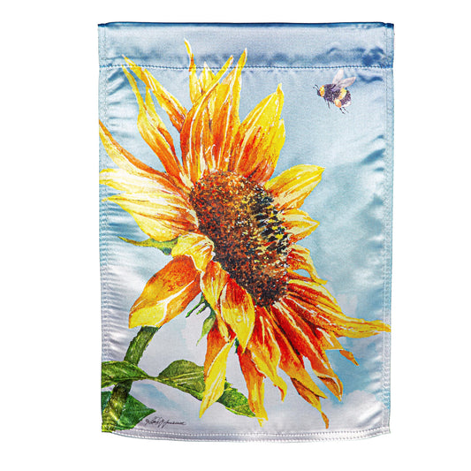 New Morning Sunflower Lustre Garden Flag sunlit sunflower against blue sky lustre fabric on Tampa Home & Garden Store