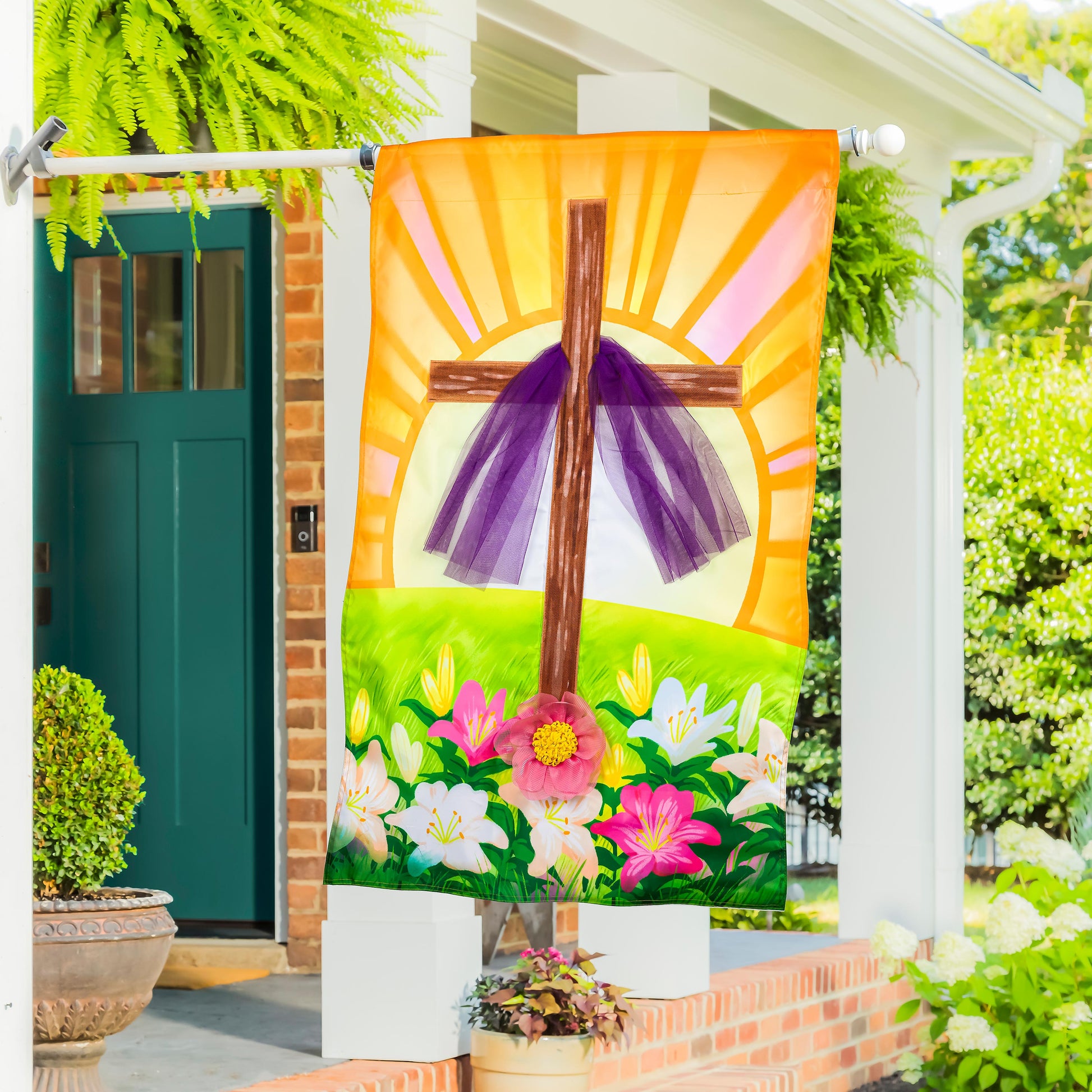 Easter Cross With Lilies Applique House Flag orange backdrop and purple bow on Tampa Store on Tampa Home & Garden Store