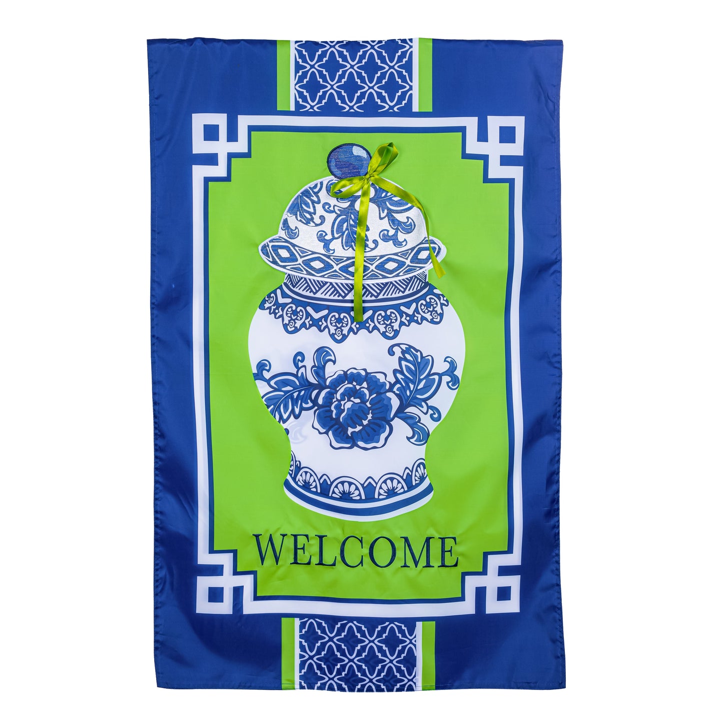 Chinoiserie Welcome Applique House Flag blue border lime green by Evergreen Enterprises on Tampa Home & Garden Store