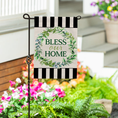 Bless Our Home burlap garden flag with green wreath design and black white striped header on Tampa Home & Garden Store