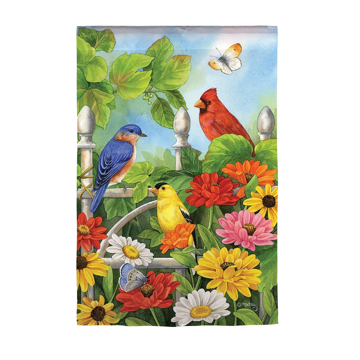 Jewels of Summer Garden Suede Flag with cardinal, bluebird and butterfly among bright flowers on Tampa Home & Garden Store