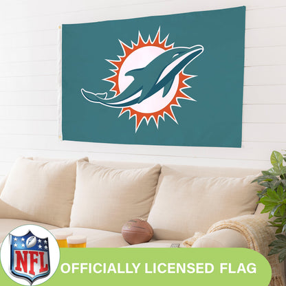 Miami Dolphins flag 3x5 single-sided with 2 grommets on teal field by Evergreen Enterprises on Tampa Home & Garden Store