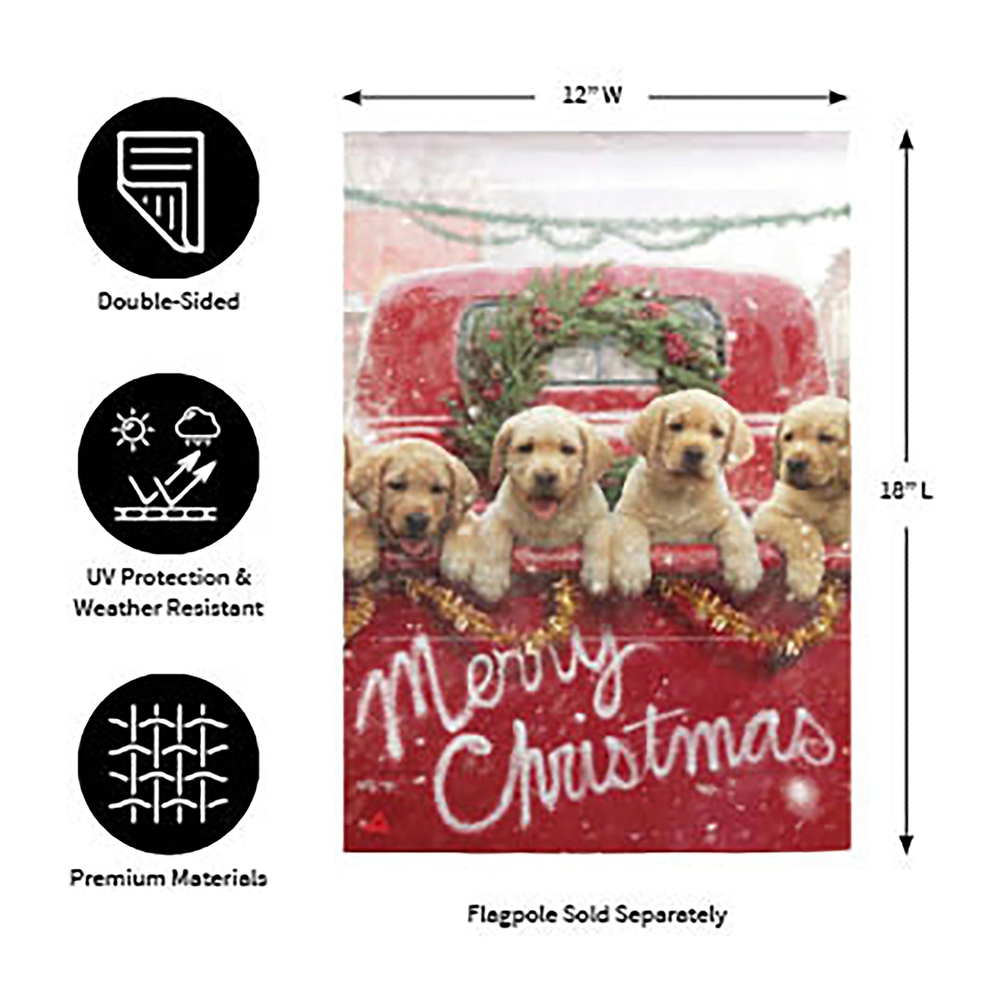 Red Truck with Puppies Suede Garden Flag by Evergreen Enterprises Wholesale Collective, suede outdoor flag with a red truck and puppies on Tampa Home & Garden Store