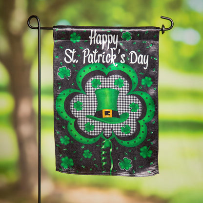Welcome St Pats Lustre Garden Flag black background with green shamrocks and gingham heart on Tampa Home & Garden Store