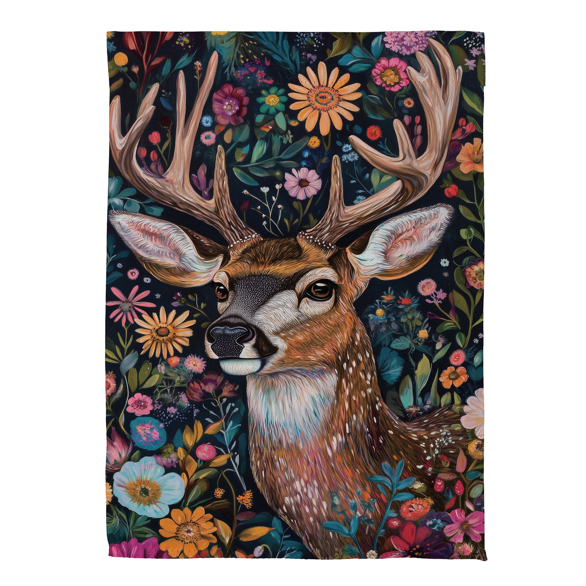 Forever Blooming Deer Suede House Flag with floral design and deer antlers Evergreen on Tampa Home & Garden Store