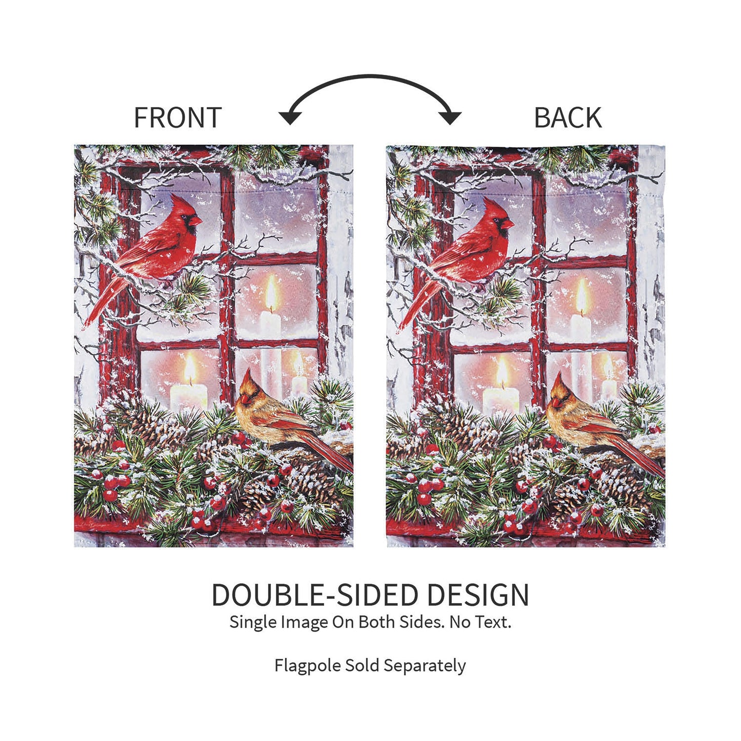 Cardinals in the Window Garden suede flag pair, red cardinal on snowy pine, double-sided on Tampa Home & Garden Store