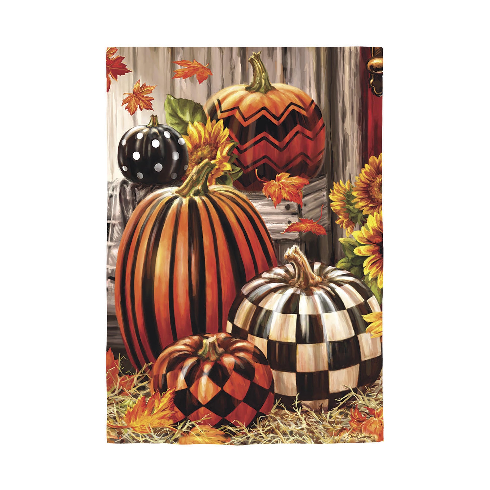 Fall Harvest Pumpkins Burlap Garden Flag with orange striped pumpkin and autumn leaves on Tampa Home & Garden Store