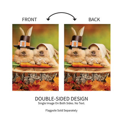 Two Bunny Pilgrims Suede Garden Flags with brown rabbits in pilgrim hats on wood background on Tampa Home & Garden Store