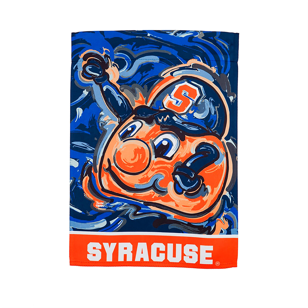 Syracuse suede flag with bold orange SYRACUSE lettering on blue abstract design on Tampa Home & Garden Store