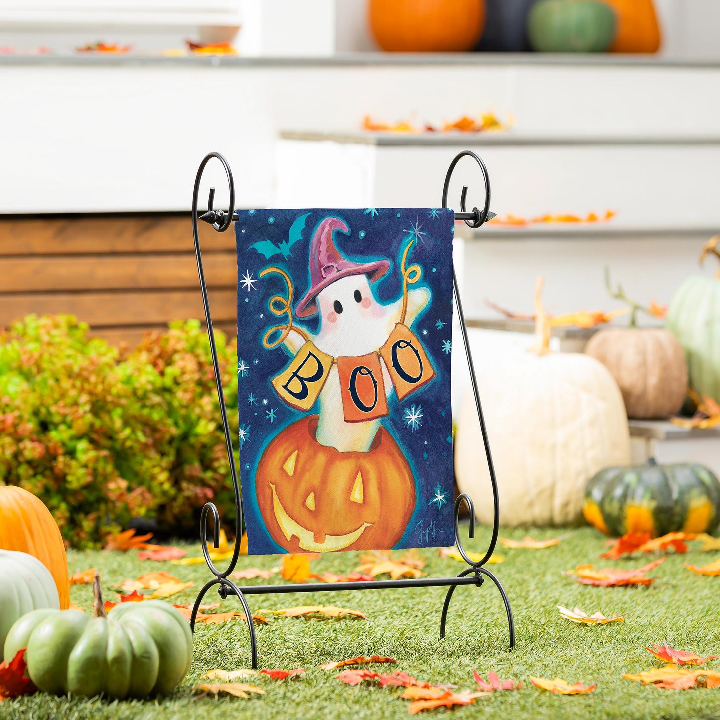 Boo Suede Garden Flag on metal stand featuring Halloween Boo blocks and pumpkin design on Tampa Home & Garden Store